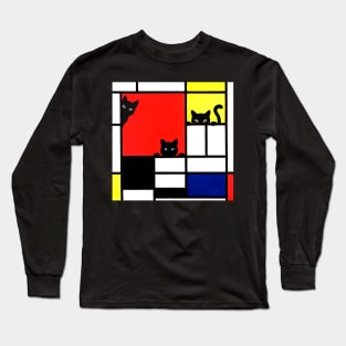 Mondrian Cats Composition with Red, Yellow, Blue, and Black Long Sleeve T-Shirt